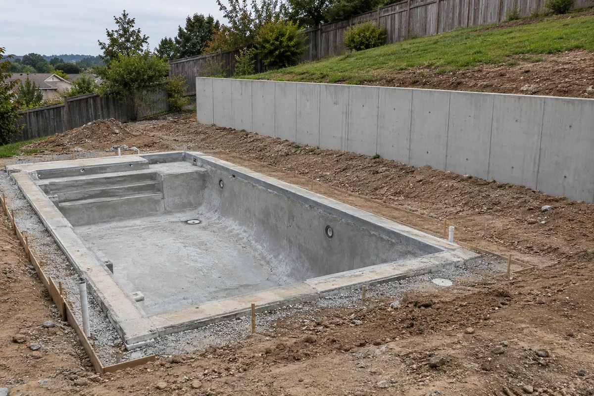 Empty concrete pool shell below a separate concrete retaining wall and grassy hillside