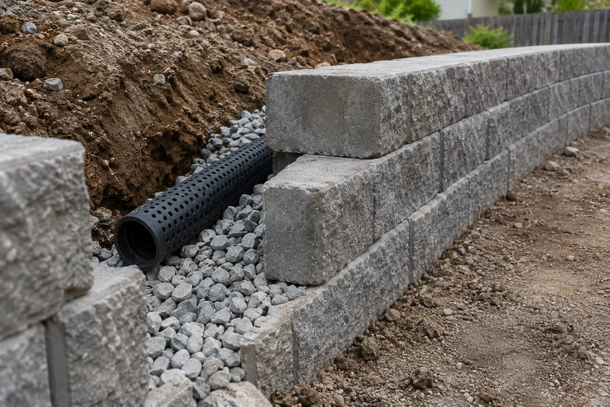 Gray masonry wall with angular gravel and a black perforated pipe visible behind its open end