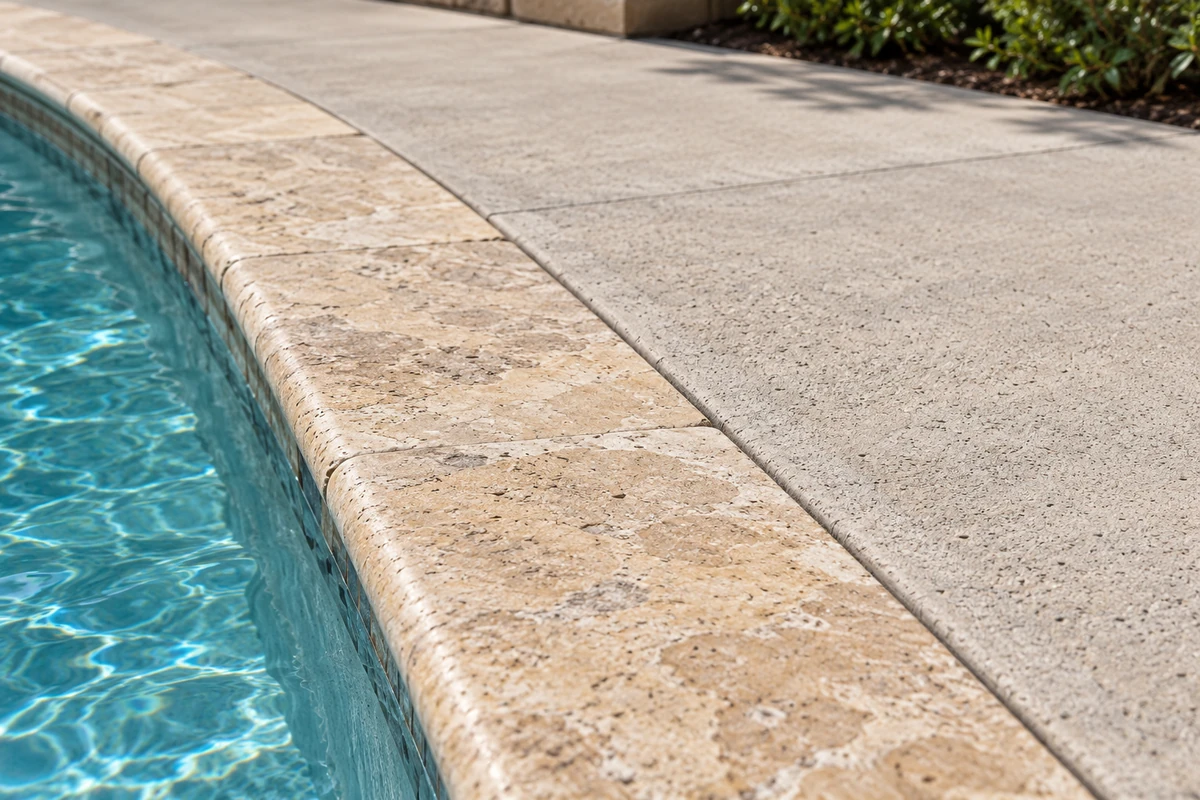 Stone coping along a curved pool edge beside a concrete deck, with the coping-to-deck seam visible