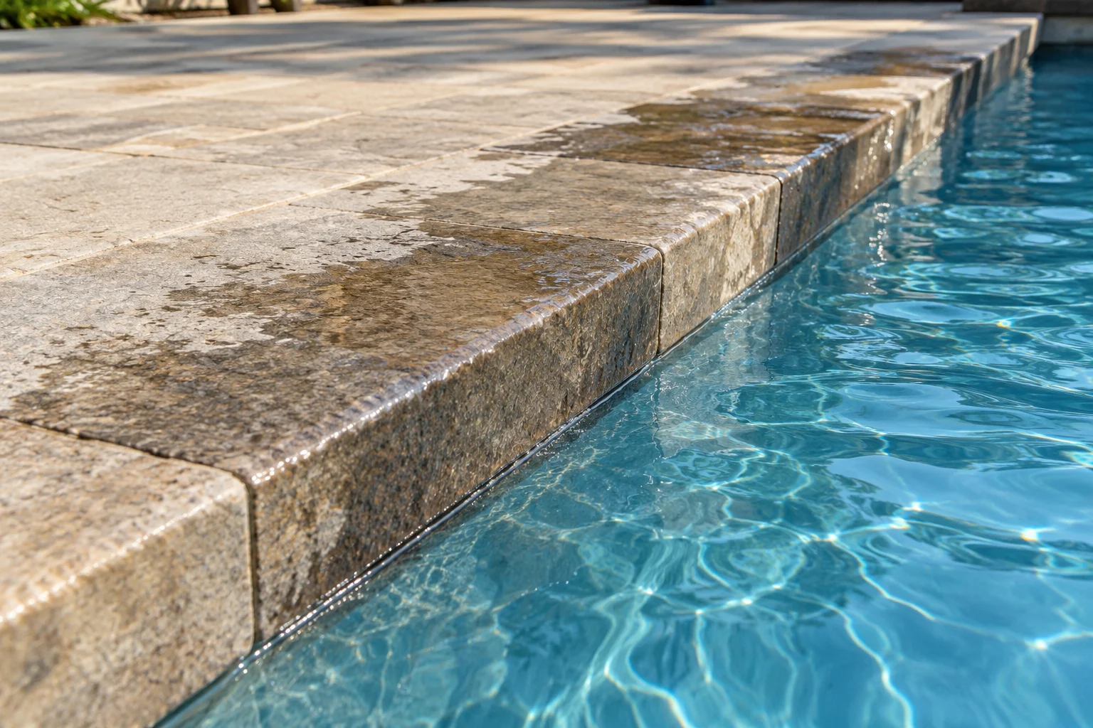 Pool coping with wet and dry areas beside blue water