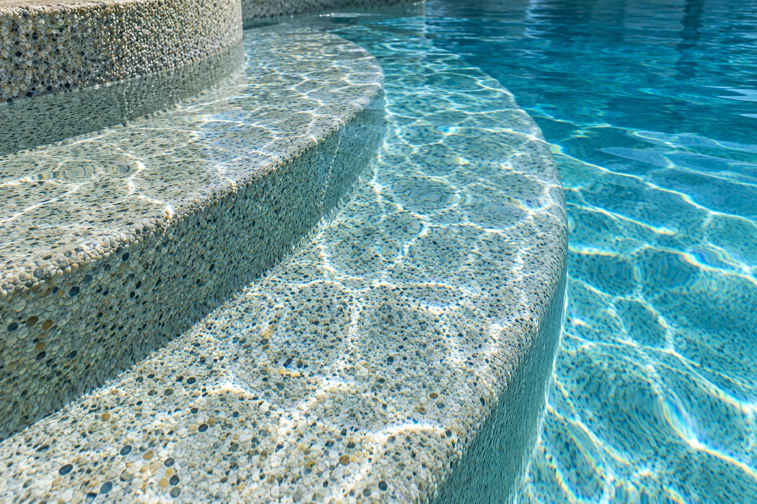 Close view of a textured pool step beneath shallow water