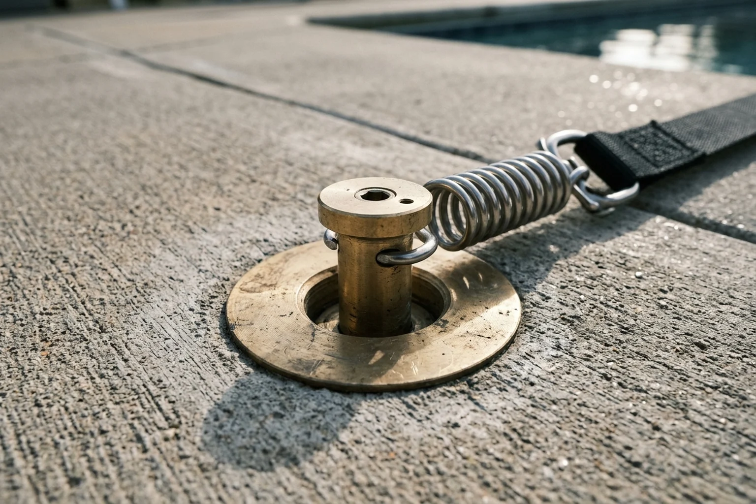 Close view of a flush brass deck anchor and stainless steel tension spring with a black strap on a concrete pool deck