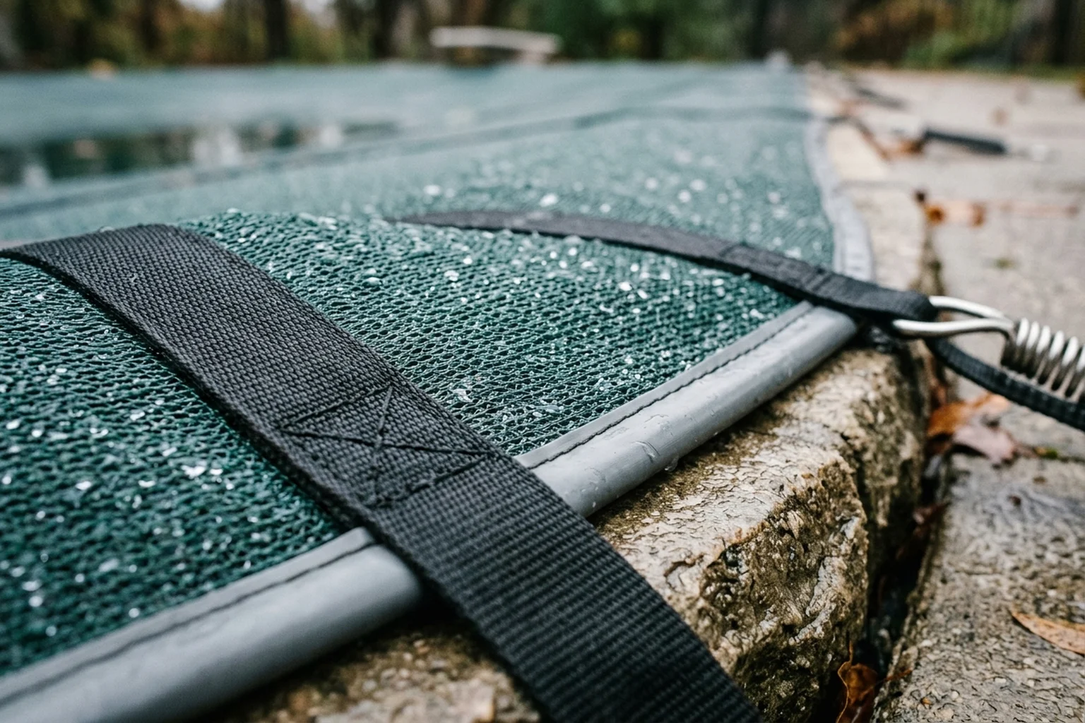 Close view of a taut mesh winter pool cover weave with a black webbing strap crossing stone pool coping