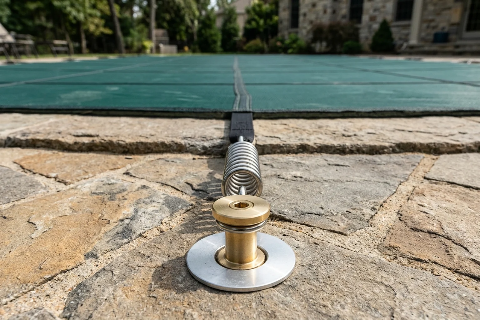 Close view of a winter pool cover spring and strap connected to a flush anchor tube set in a stone paver deck